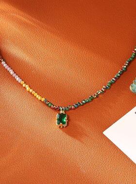 彩色天然石祖母绿水晶吊坠项链