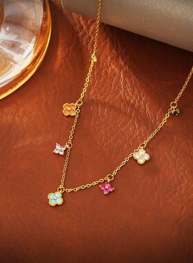 彩色四叶草项链铜镀18复古高级