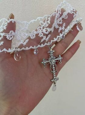 纯欲风蕾丝十字架流苏项链女高级