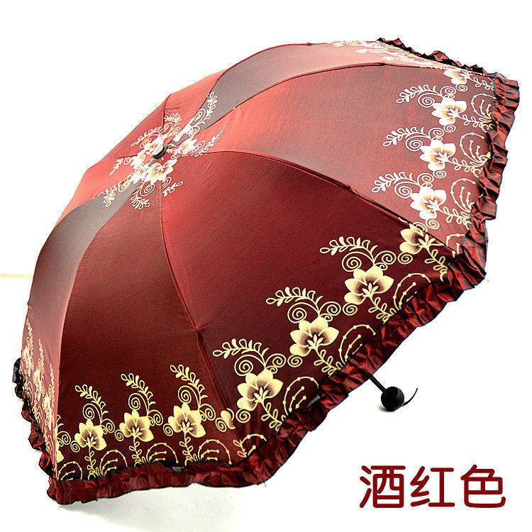 韩流风双蕾丝花i边厚黑胶女用遮阳伞遮阳伞晴雨两用抗UV折叠伞 - 图1