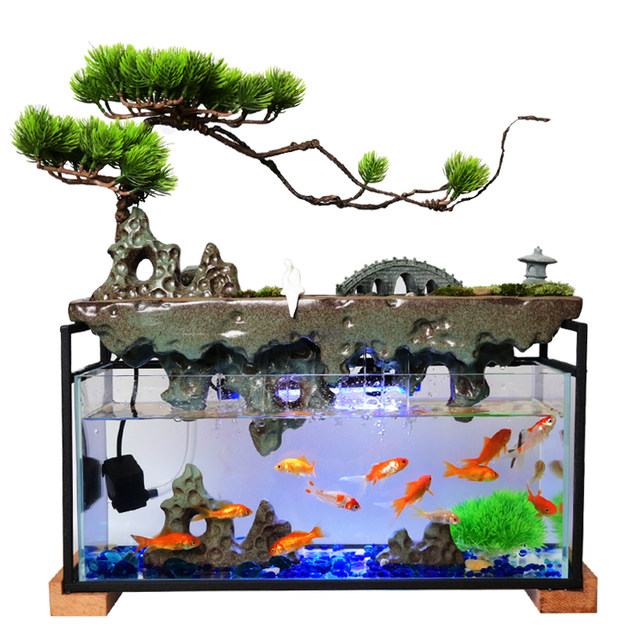 Creative new Chinese-style living room desktop wealth-generating  circulation rockery flow aquarium glass goldfish tank office  wealth-generating ornaments