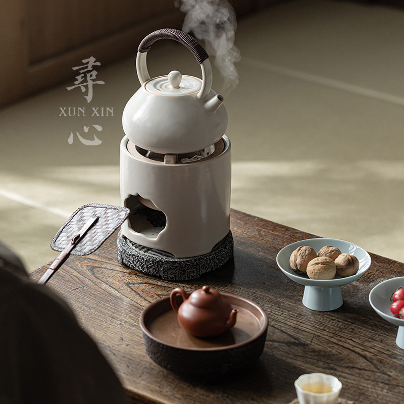 寻心苏打釉陶瓷提梁泡茶壶中式碳炉围炉煮茶家用木炭炉煮茶器套装,淘宝优惠券,粉丝福利购,淘宝优惠卷