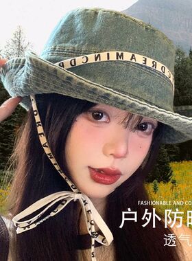 字母绑带牛仔登山帽女户外徒步大头渔夫帽日系复古休闲西部帽子