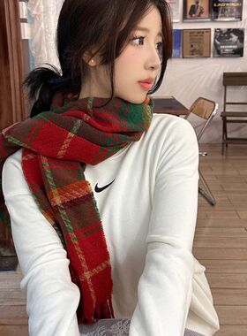 韩版贝雷帽圣诞红色格子围巾女秋冬季保暖高级感围脖安可拉红披肩