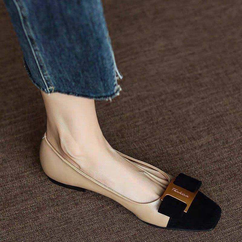 方头拼色真皮平底单鞋女2025年春秋季新款软底浅口蝴蝶结小皮鞋子,淘宝优惠券,粉丝福利购,淘宝优惠卷