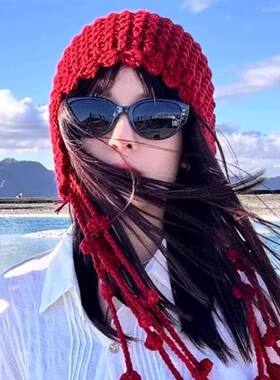 川西旅游镂空针织包头帽子女出游百搭显脸小流苏绑带毛线套头冷帽