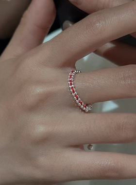 《幸运绳》ins设计师款小众百搭抽拉红绳米珠戒指925纯银戒指