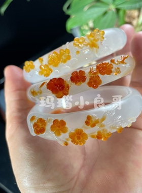 定制天然玛瑙俏色巧雕梅花手镯精工雕刻玉髓手环玉镯女生饰品送礼