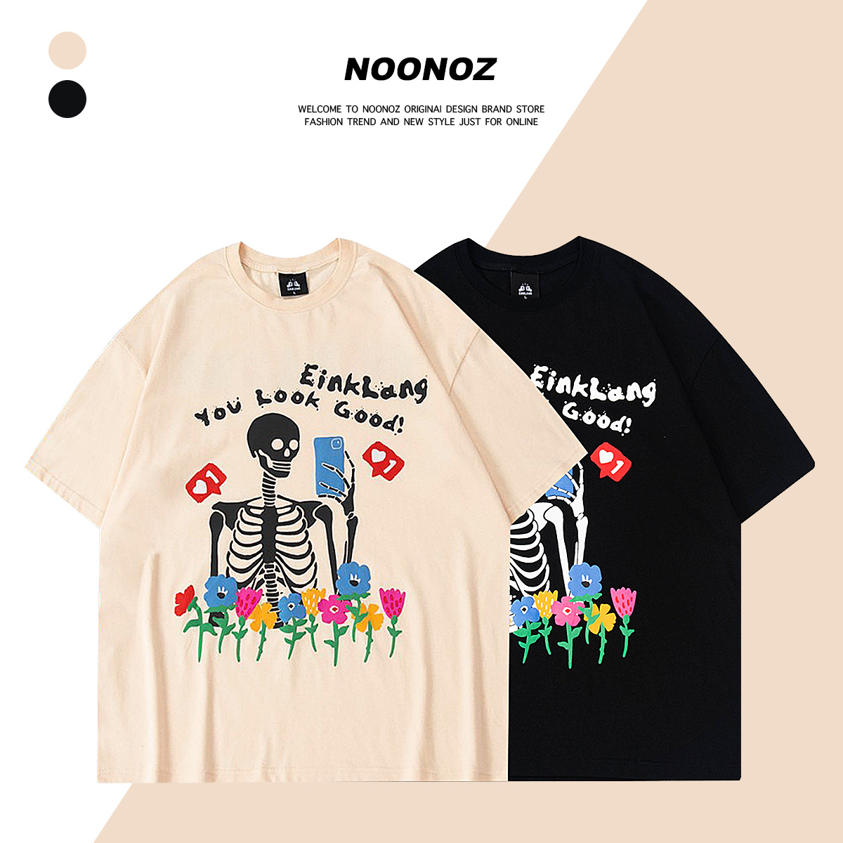 NOONOZ美式嘻哈发泡花朵骷髅短袖T恤男夏季设计感情侣百搭上衣ins - 图1
