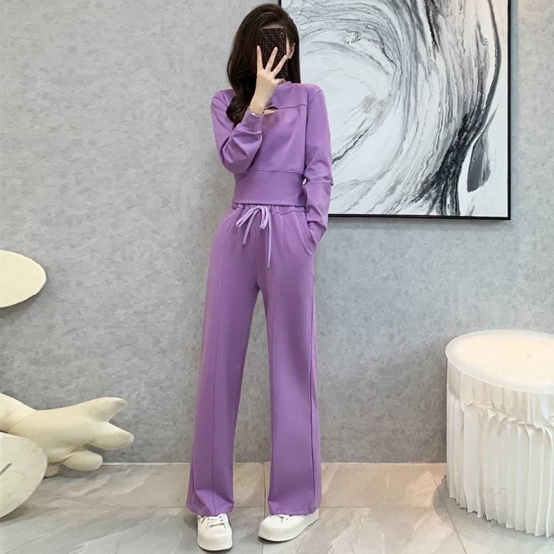 紫色休闲套装女春秋新款收腰显瘦减龄镂空卫衣阔腿裤运动服两件套