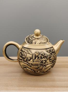 唐腾铜艺纯黄铜拉丝茶壶山水壶龙凤壶办公室 家居工艺品 茶壶摆件
