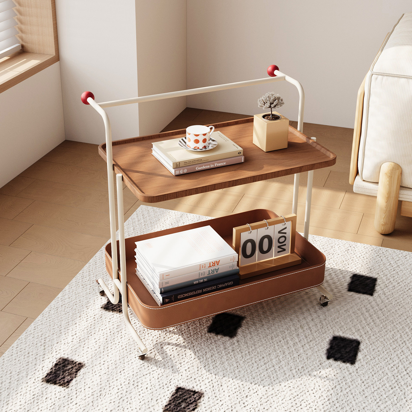 客厅小推车马鞍皮收纳筐可移动落地多层置物架中古风高级沙发边几,淘宝优惠券,粉丝福利购,淘宝优惠卷