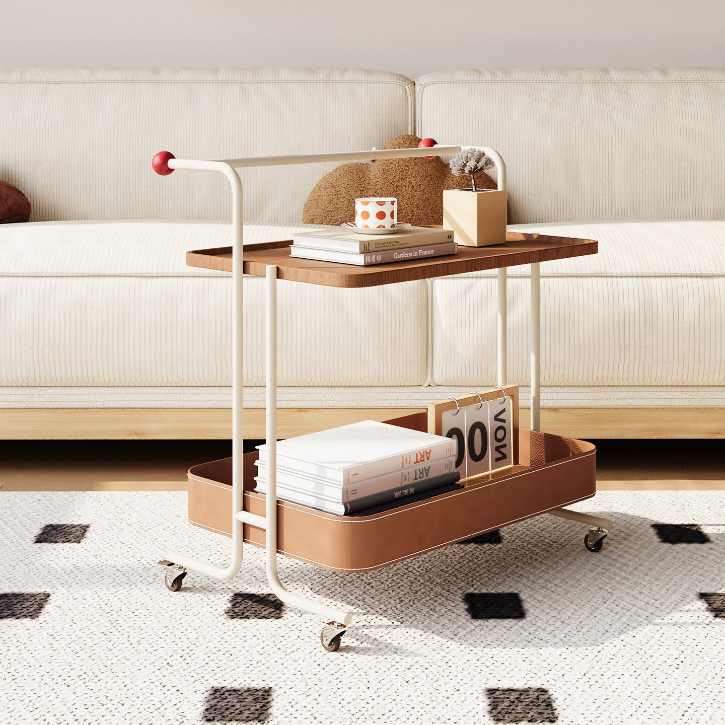 客厅小推车马鞍皮收纳筐可移动落地多层置物架中古风高级沙发边几,淘宝优惠券,粉丝福利购,淘宝优惠卷