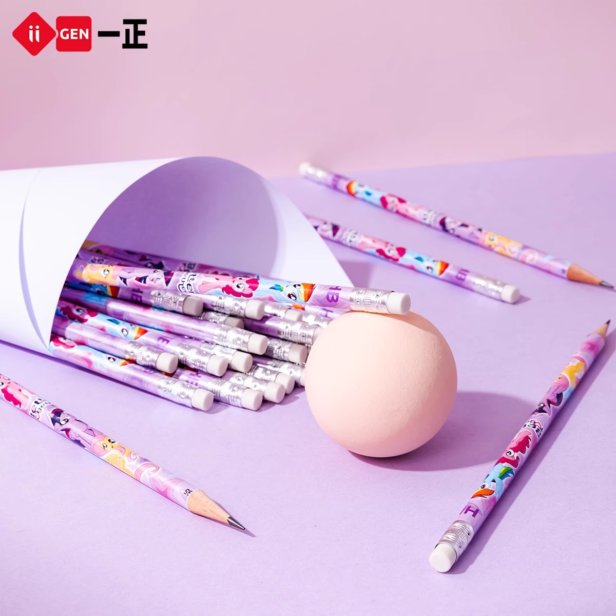 一正小马宝莉圆杆铅笔带橡皮头小学生无铅无毒一二年级儿童幼儿园HB桶装大容量套装卡通可爱练字文具学习奖品