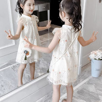 Girls Summer Dress 2023 New Ocean Qi Children Retro Qipao Dress Trendy Fly Sleeve Lace Princess Dress