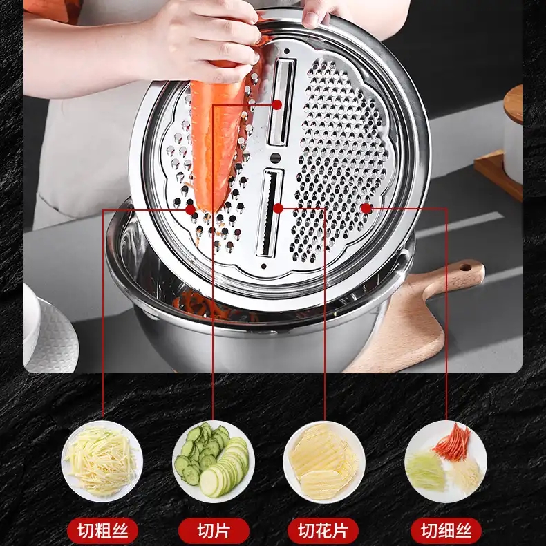 谷玥斋不锈钢厨房三件套实心盆沥水盆刨丝器多功能切菜神器 - 图1
