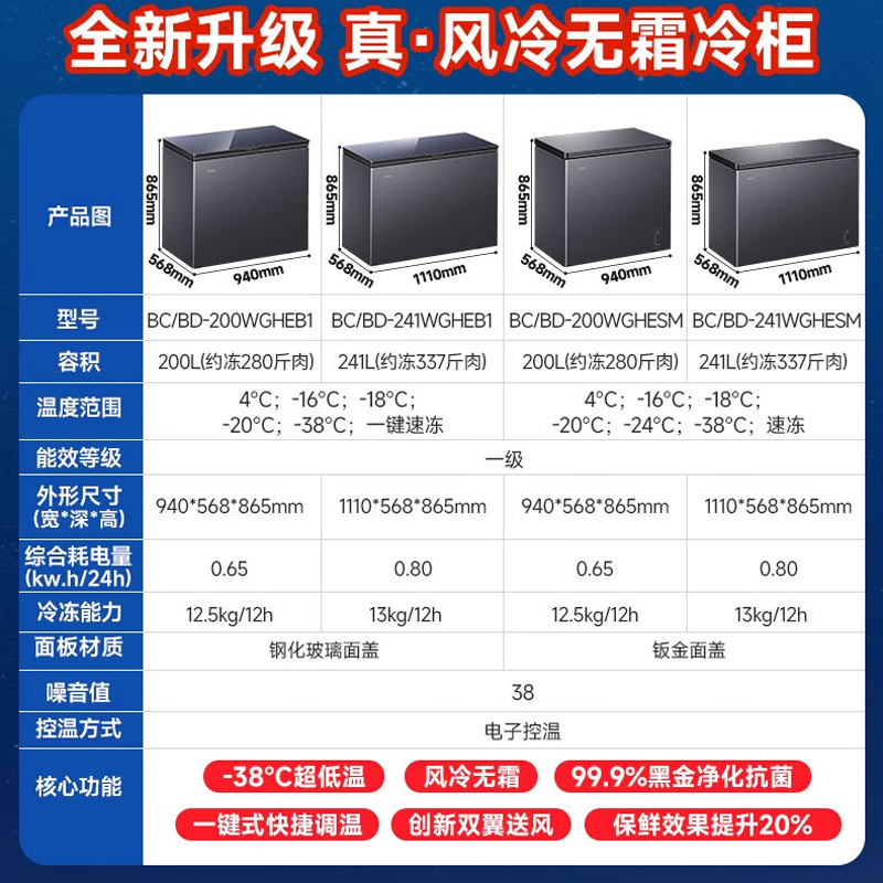 海尔冰柜风冷无霜家用小型超低温冷冻冷藏一级海鲜冷柜200/241升 - 图0