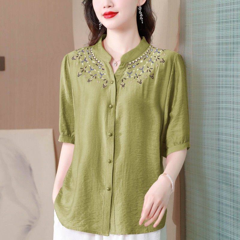 2025年新款时尚刺绣棉麻衬衫女妈妈夏装宽松遮肚短袖洋气大码上衣,淘宝优惠券,粉丝福利购,淘宝优惠卷