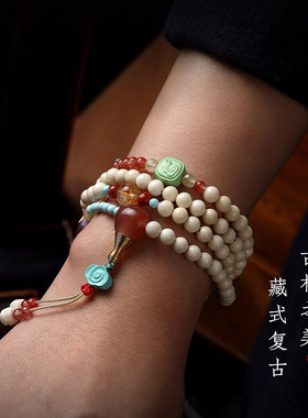原生态小白玉菩提根手串女款百搭