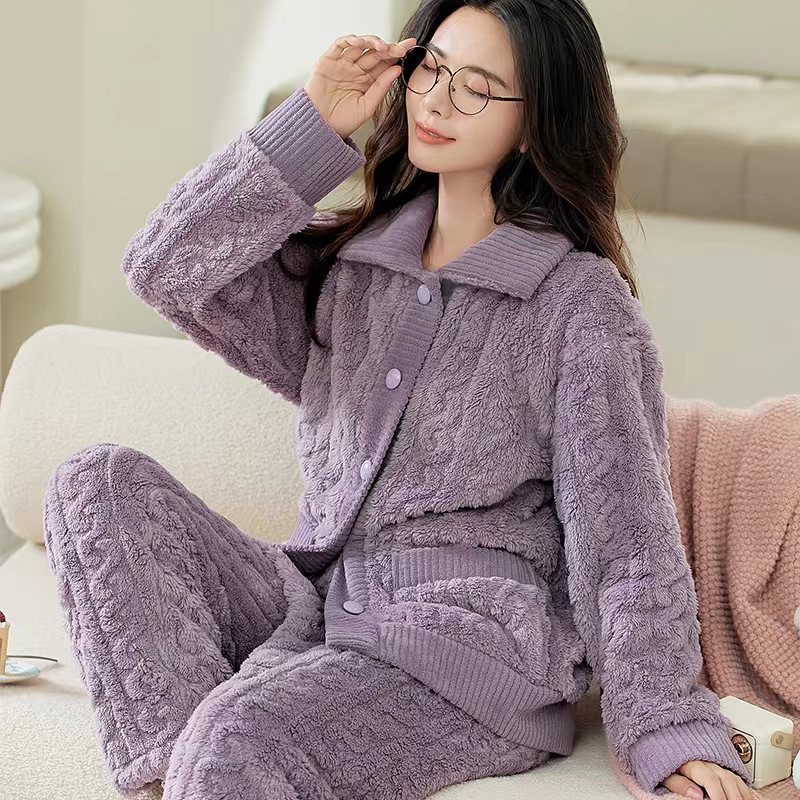 新款开衫加厚秋冬长裤法兰绒睡衣女长袖加绒珊瑚绒可外穿家居服 - 图0