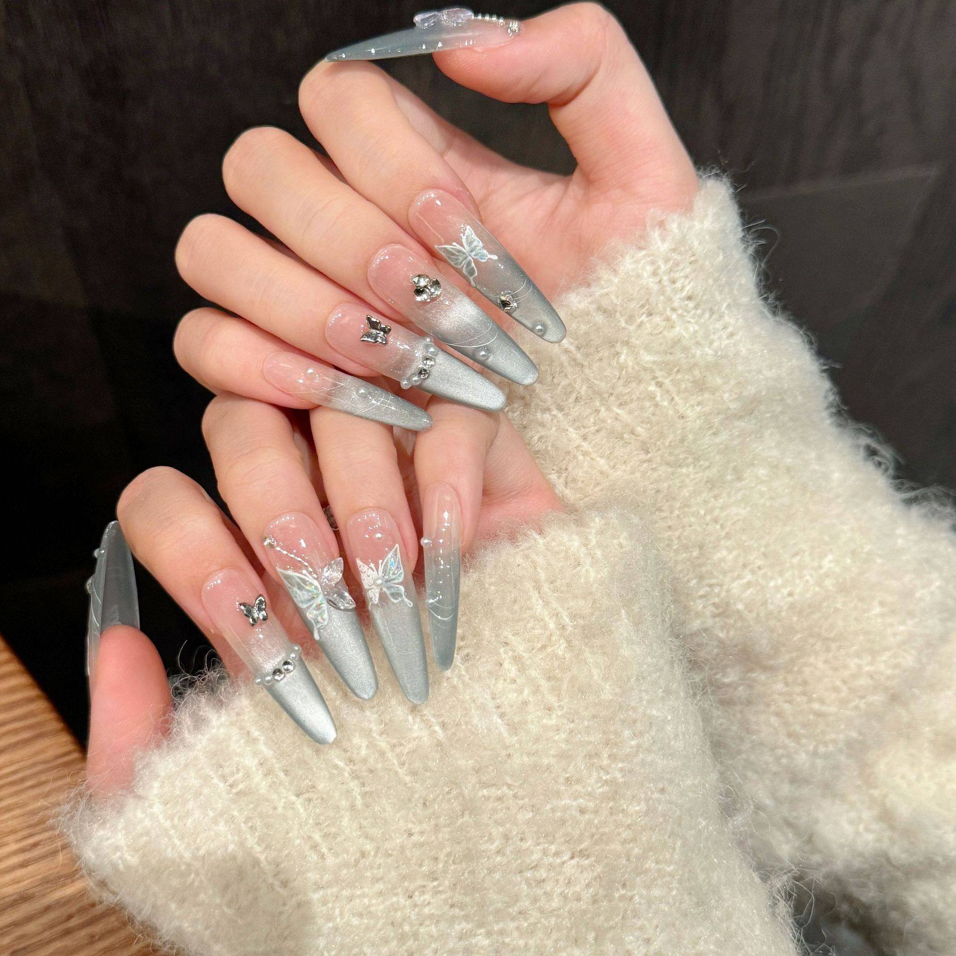 纯手工穿戴甲【薄荷曼波】手工穿戴甲轻奢长款猫眼穿戴式美甲甲片,淘宝优惠券,粉丝福利购,淘宝优惠卷