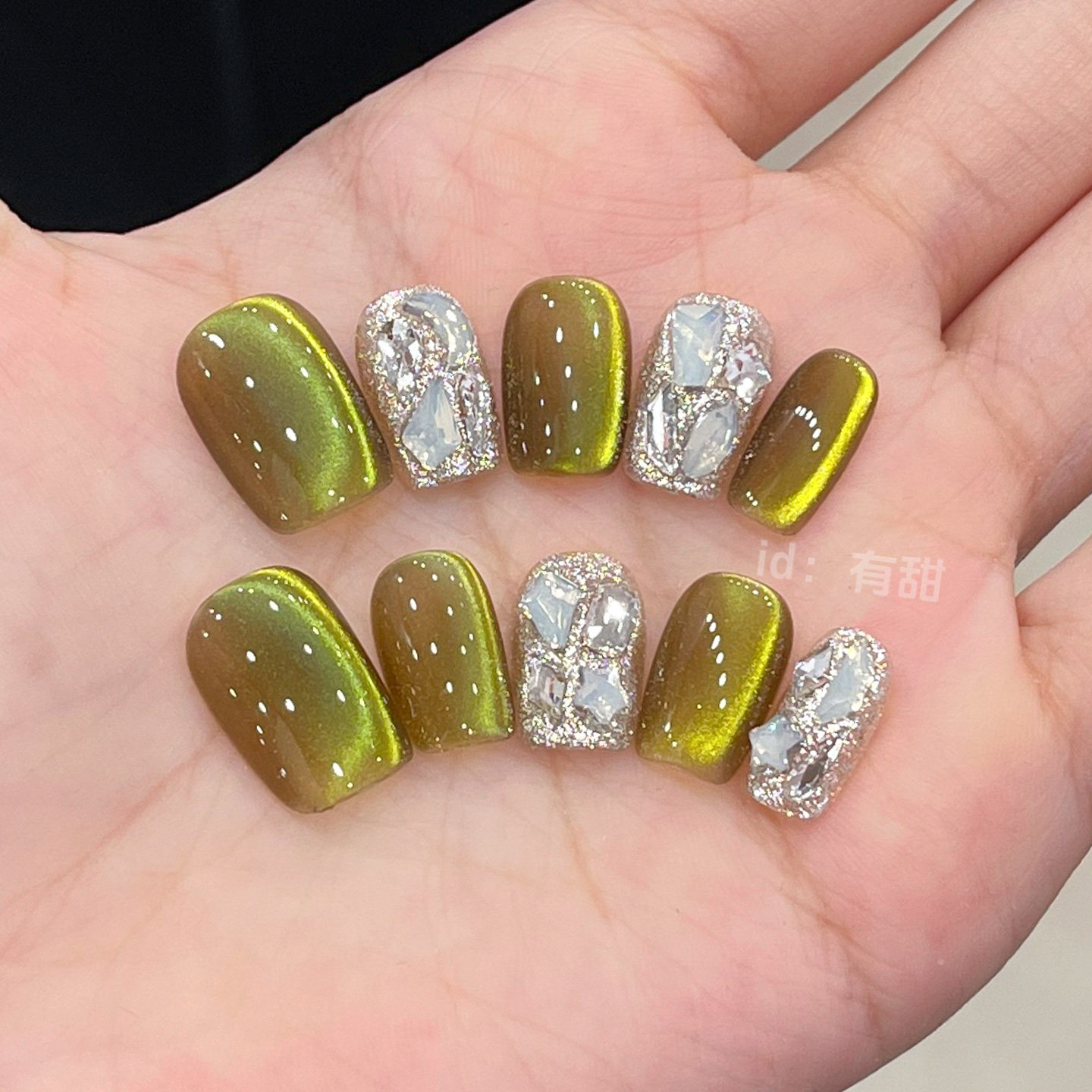 绿色猫眼穿戴甲2025新款高级感短款穿戴美甲手工显白爆款指甲贴片,淘宝优惠券,粉丝福利购,淘宝优惠卷