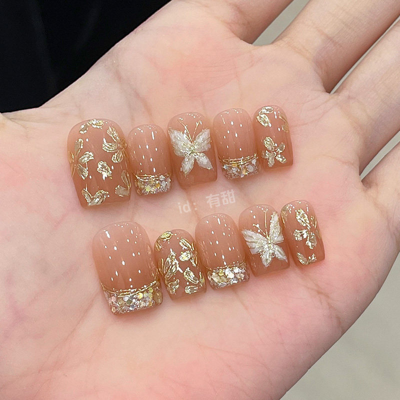 法式穿戴甲短款春夏高质量纯手工蝴蝶穿戴美甲2025新年款指甲贴片,淘宝优惠券,粉丝福利购,淘宝优惠卷