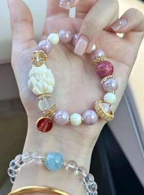 寺庙同款香灰瓷九尾狐金箔琉璃大漆珠涂山狐小凤九路路通五福手串