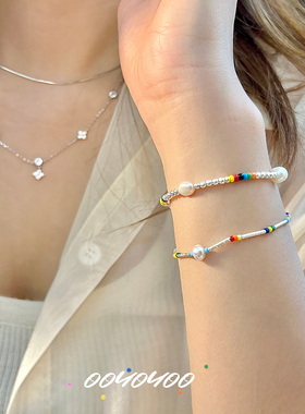 彩色女淡水珍珠纯银串珠手链