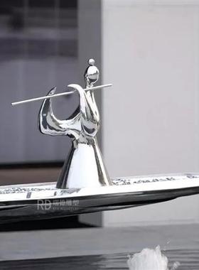 不锈钢镜面抽象艺术人物雕塑定制别墅庭院景观水景发光金属摆件