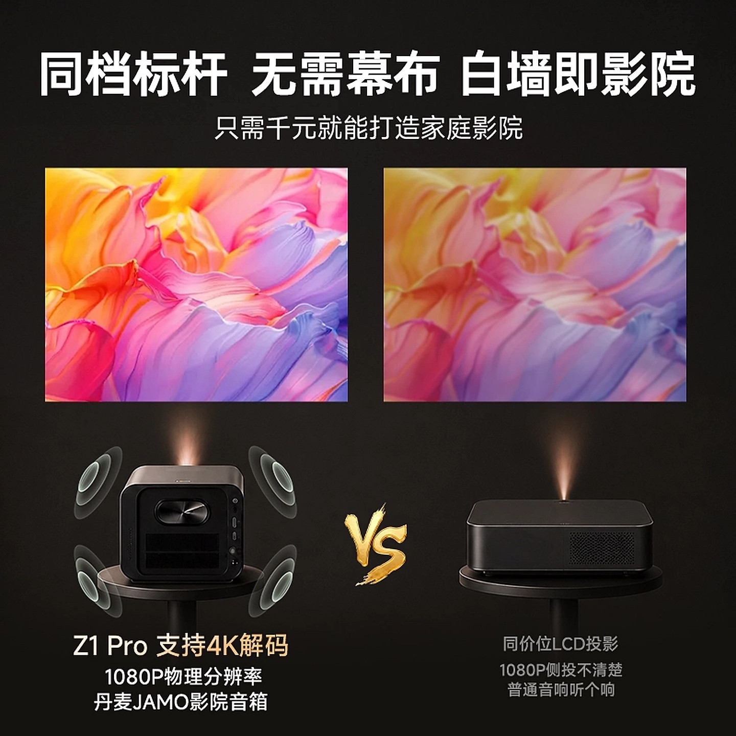 【政府补贴15%】知麻Z1PRO投影仪家用超高清客厅投墙1080P智能语音家庭影院卧室投影机手机电视投屏芝麻