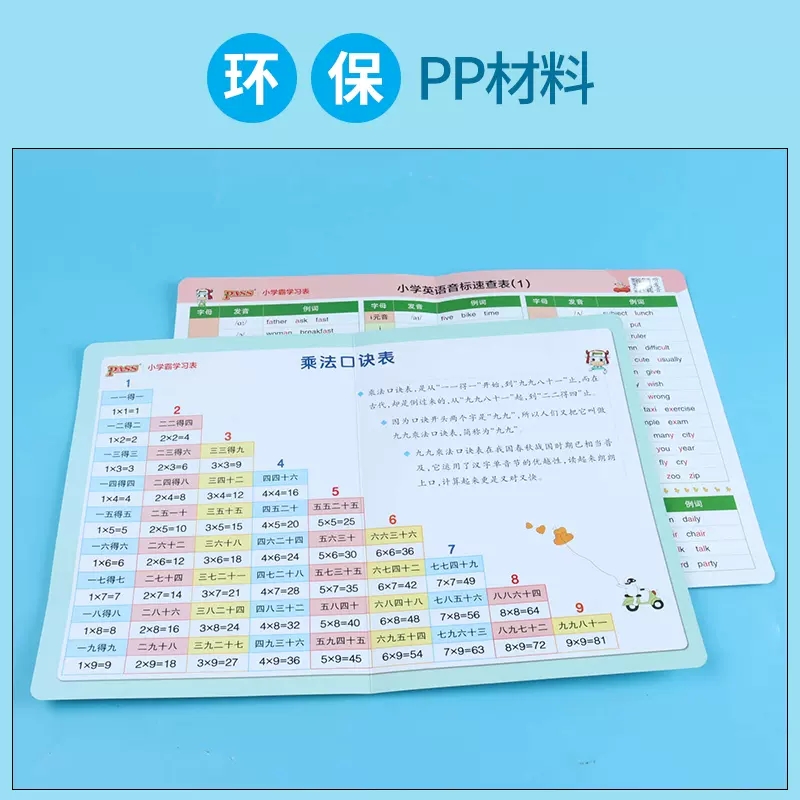 PASS绿卡小学霸学习表 小学乘法口诀表 汉语拼音音节全表-两拼音节三拼音节小学英语音标速查表小学生一二年级数学九九乘法表 - 图2