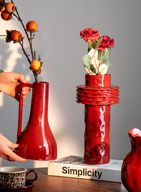 中式红色陶瓷花瓶新婚结婚摆件