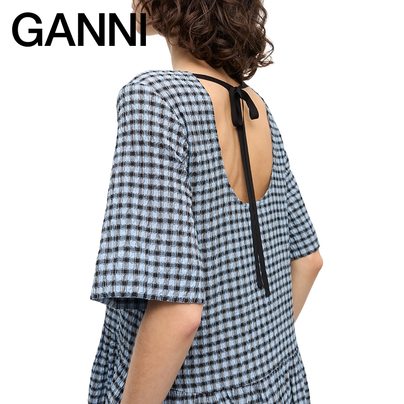 【甄选折扣】ganni女装 蓝色复古格纹泡泡纱连衣裙长裙 W0696326 - 图0