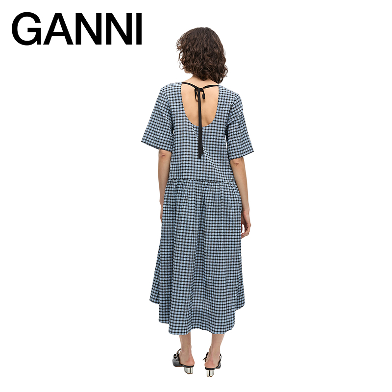 【甄选折扣】ganni女装 蓝色复古格纹泡泡纱连衣裙长裙 W0696326 - 图2
