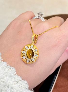 S925银中古美拉德风vintage椭圆虎眼石拉丝项链复古秋冬毛衣链