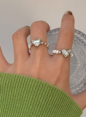 925纯银小众精致珍珠拼接戒指日韩潮款心形轻奢时尚百搭食指戒