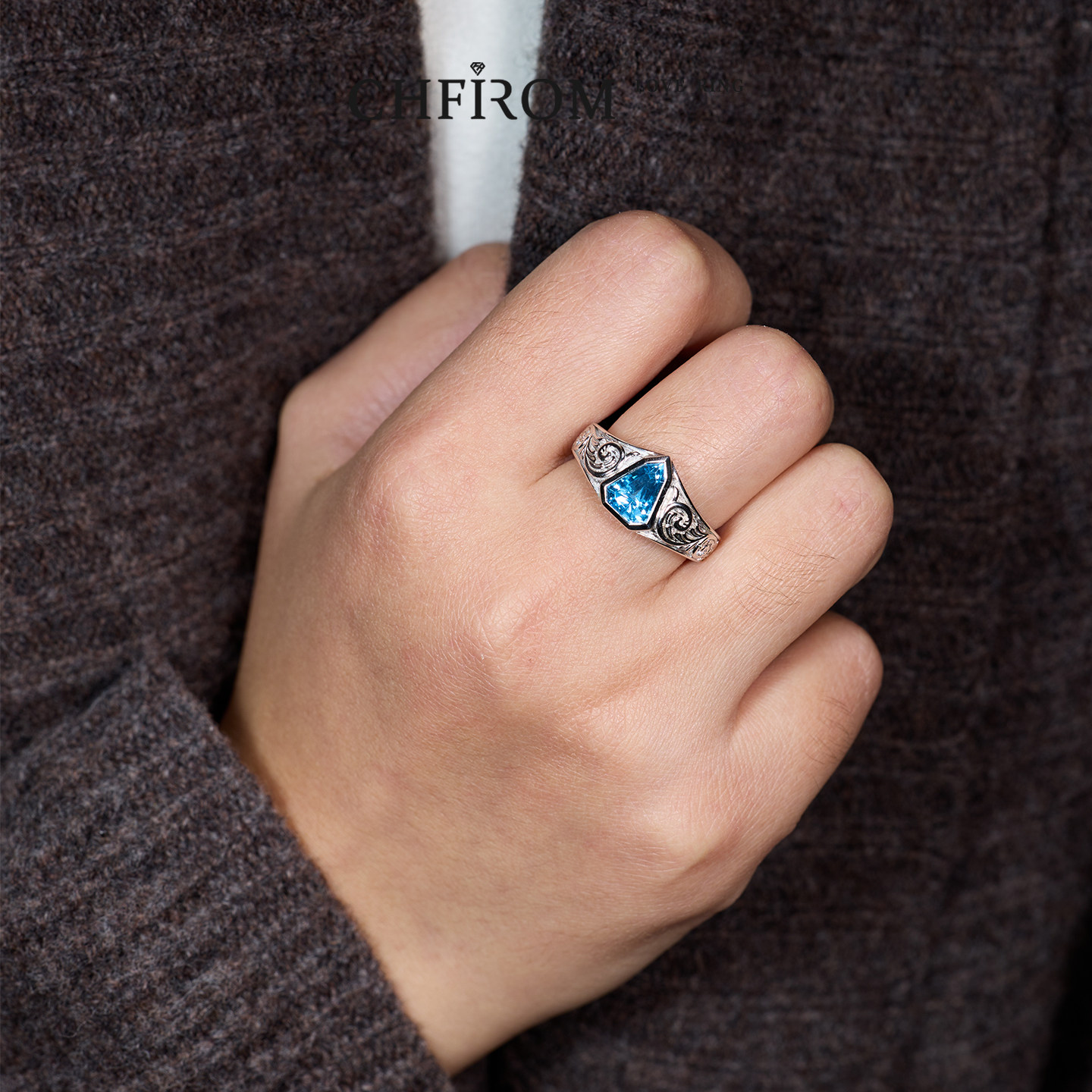 Natural topaz shield ring S925 sterling silver embossed curly grass pattern original design men's fashion personalized ring