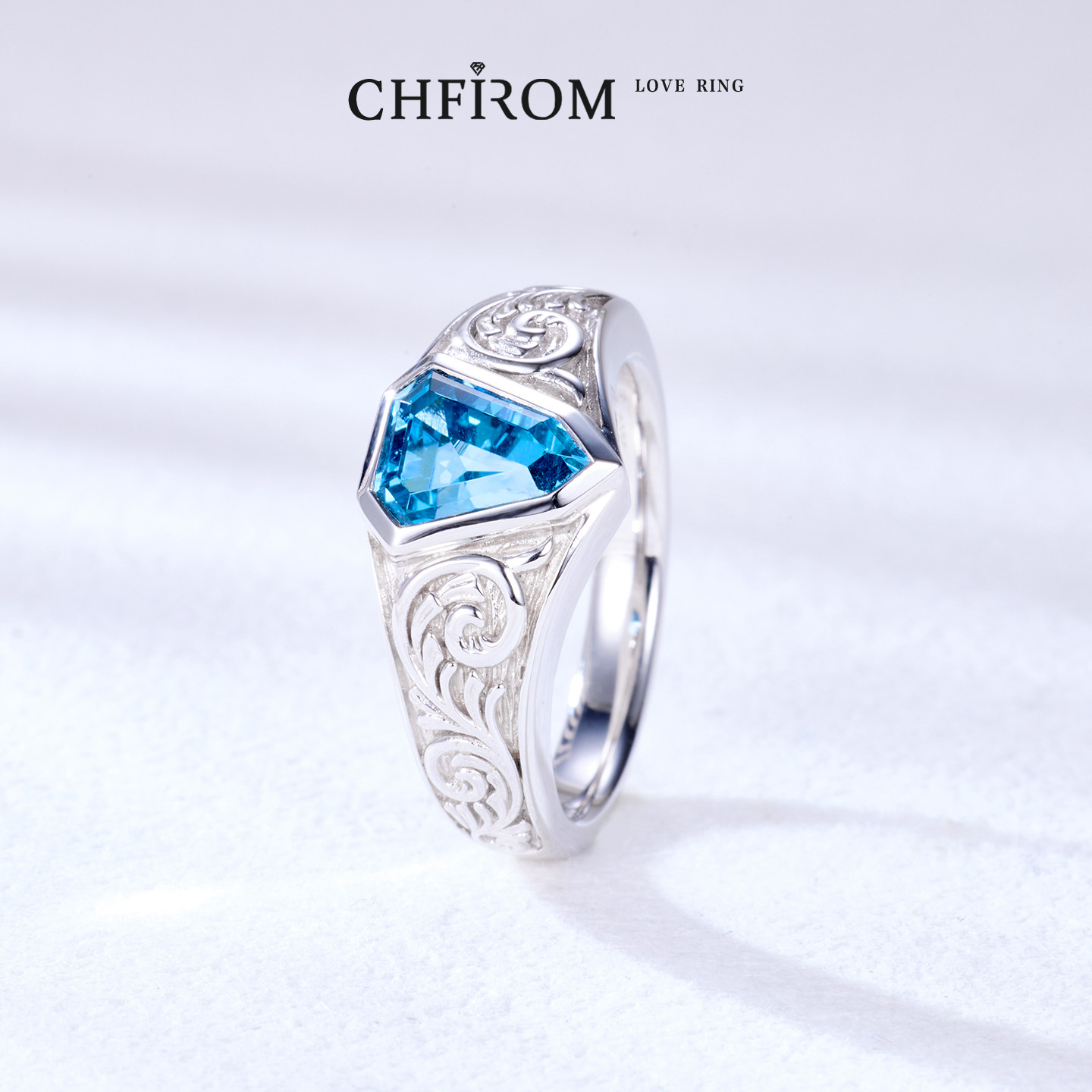 Natural topaz shield ring S925 sterling silver embossed curly grass pattern original design men's fashion personalized ring