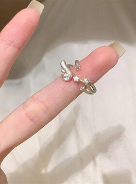银色羽翼星星戒指女ins小众设计感开口可调节食指戒轻奢百搭指环