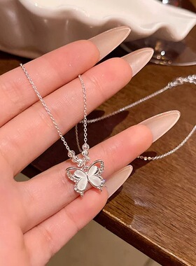 LIWENGY甜美气质猫眼石蝴蝶项链女轻奢小众s925银锁骨链颈链百搭