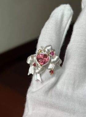 百变小樱红宝碧玺尖晶石爱心尾戒女魔法少女蝴蝶结彩宝夸张戒指