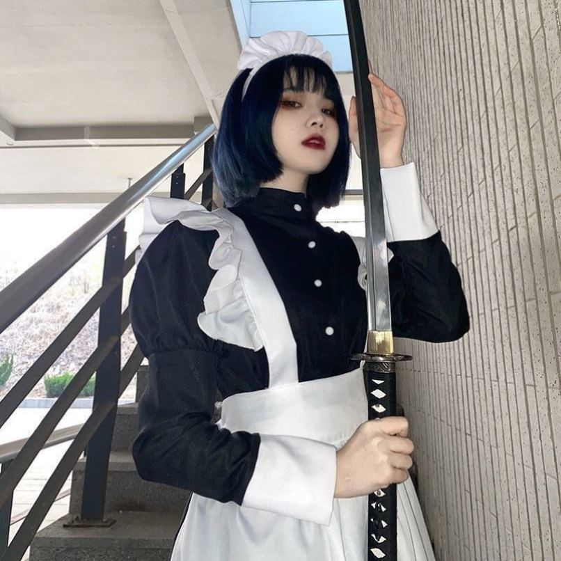 cosplay服装黑白男仆装衣服英国风珍珠线长款咖啡厅女仆猫耳装 - 图0