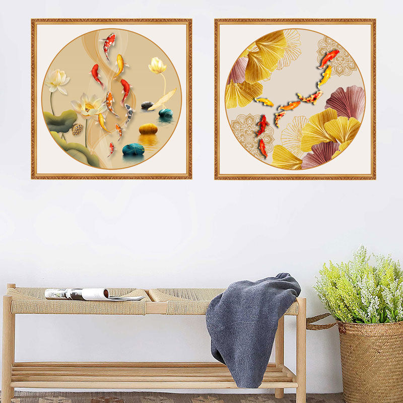 方形装饰画牡丹餐厅画卧室床头自粘贴画客厅沙发背景墙画荷花九鱼,淘宝优惠券,粉丝福利购,淘宝优惠卷