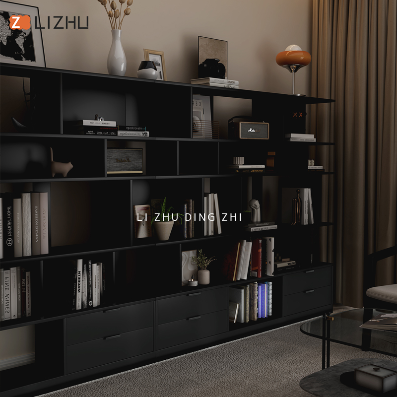 北欧黑色阅读书架落地一体靠墙整面墙书柜子客厅书房杂志架置物架 - 图1