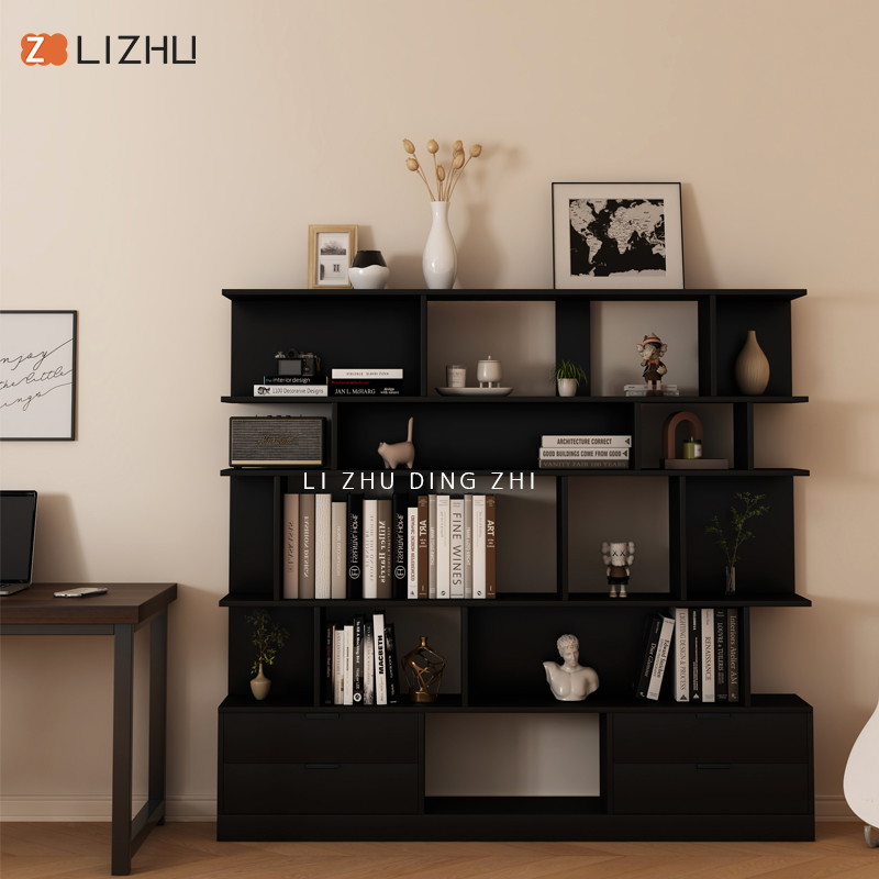 北欧黑色阅读书架落地一体靠墙整面墙书柜子客厅书房杂志架置物架 - 图0