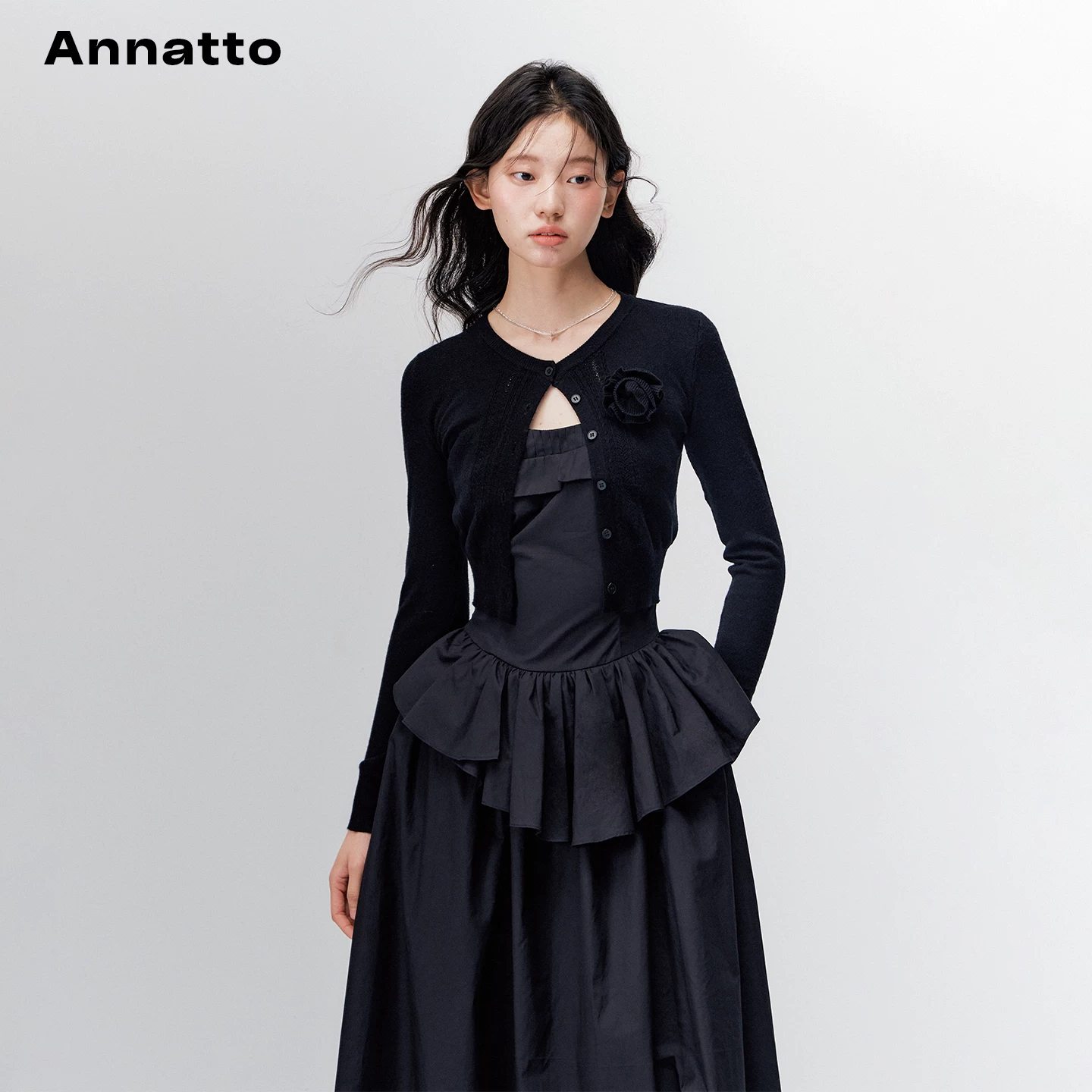 ANNATTO Ретро черный облегающий свитер с длинными рукавами, кардиган, платье весеннее, длинная юбка