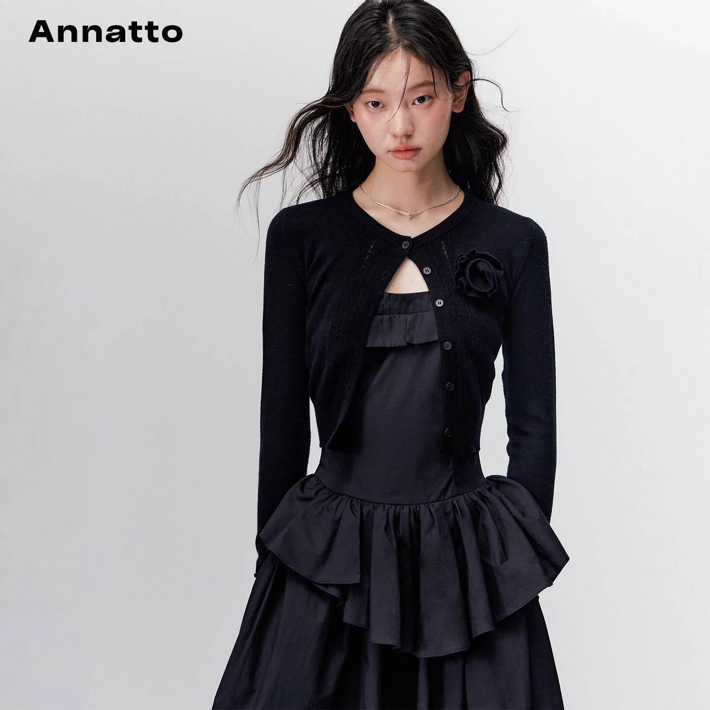 ANNATTO Ретро черный облегающий свитер с длинными рукавами, кардиган, платье весеннее, длинная юбка