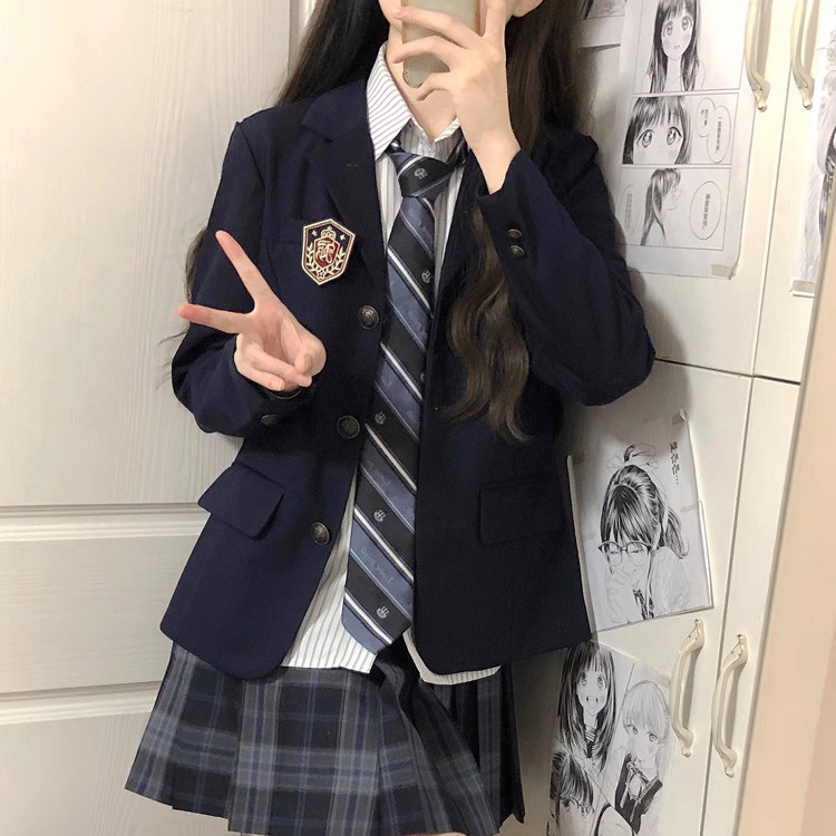 原创jk制服黑色西装外套女大学生学院风校供感绀色三粒扣西服上衣