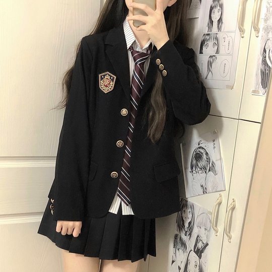 原创jk制服黑色西装外套女大学生学院风校供感绀色三粒扣西服上衣